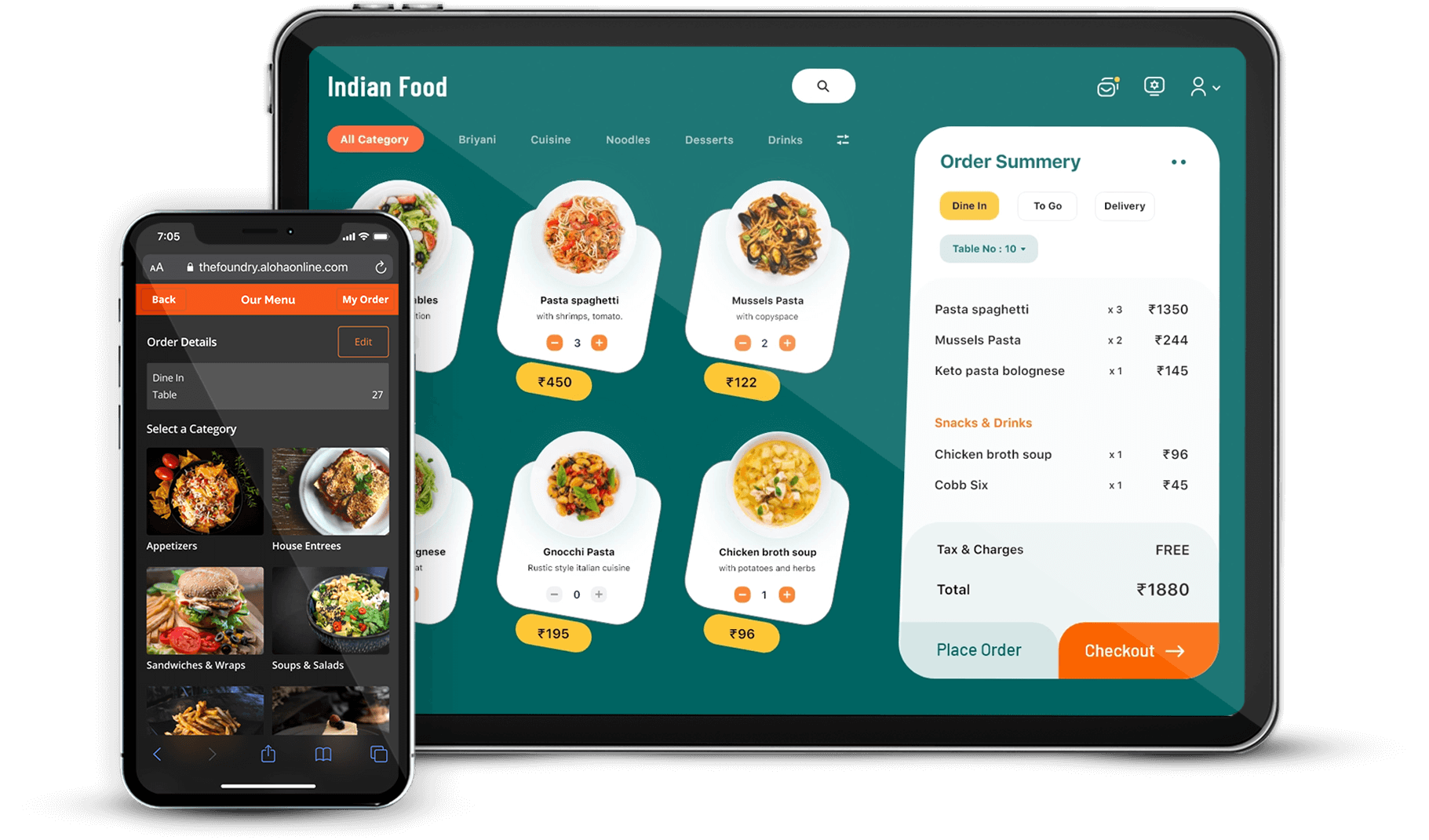 Restaurant ordering app on a tablet and a phone, showing a menu and an order summary