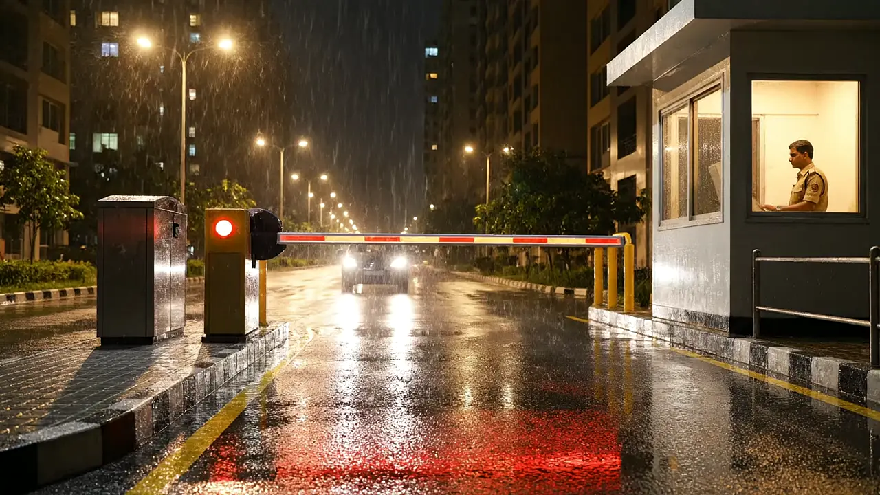 A gate at night in the rain: the boom rises for an approaching car (an illustration from Easital's film)